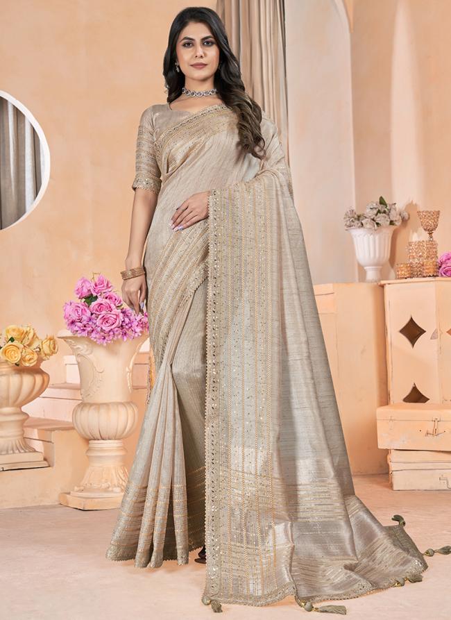 Linen Beige Festival Wear Coding Work Saree